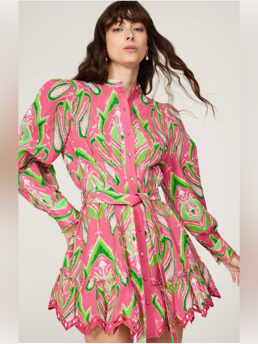 HEMANT & NANDITA~Hot Pink and Lime Green Printed Mini Dress~Size Small~$394~
